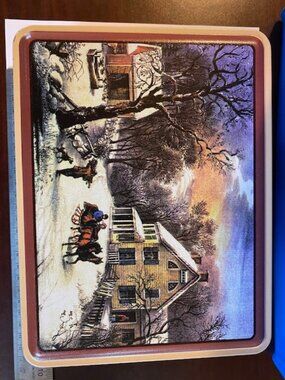 Vintage Currier & Ives Cookie Tin "American Homestead Winter" 8 1/2"Lx3"Hx6"W
